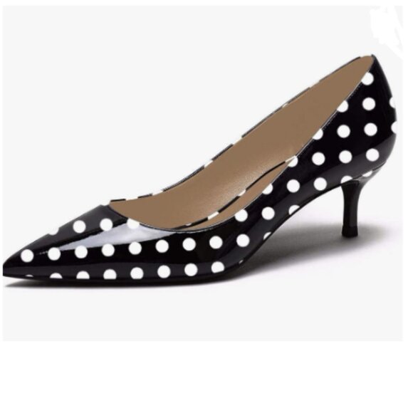 YDN Black Polka Dot Kitten Heeled Pumps Pointed Toe Dress Shoes for Office Lady - Picture 1 of 8